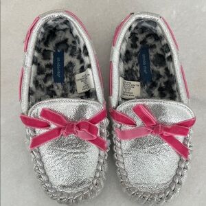 Stride Rite Toddler Girls Silver Moccasins with Pink Accents
